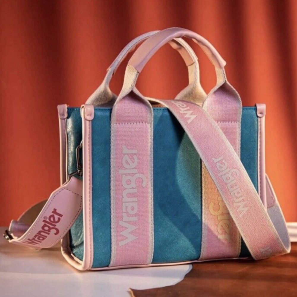 Wrangler Womens Mini Tote Crossbody Bag Country Girl Pink Blue Striped Purse